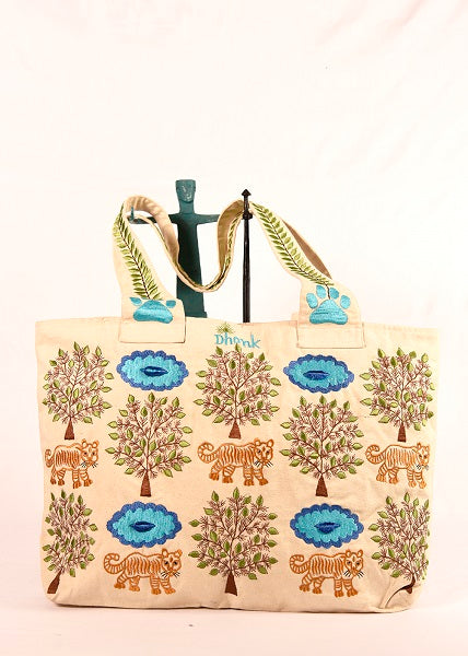 Julie Tiger Tree Tote Bag – Stylish & Spacious Embroidered Canvas Tote