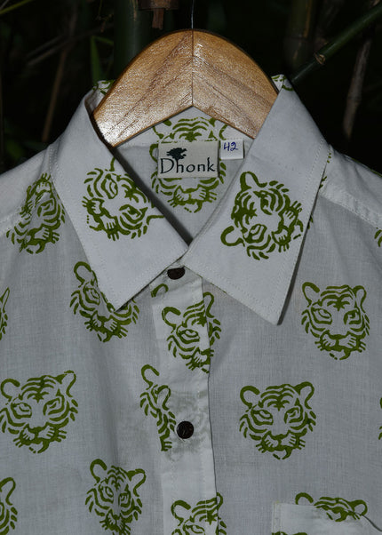 Hand Block Print Tiger Face Shirt – Cotton Casual Shirt for Men